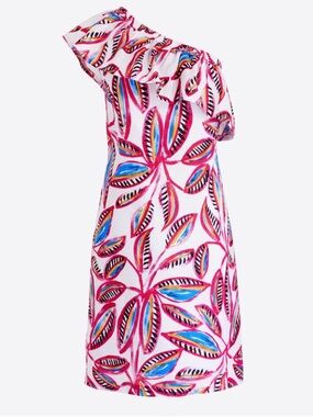 J. Crew One-Shoulder Pink Multicolor Leaf-Print Dress
